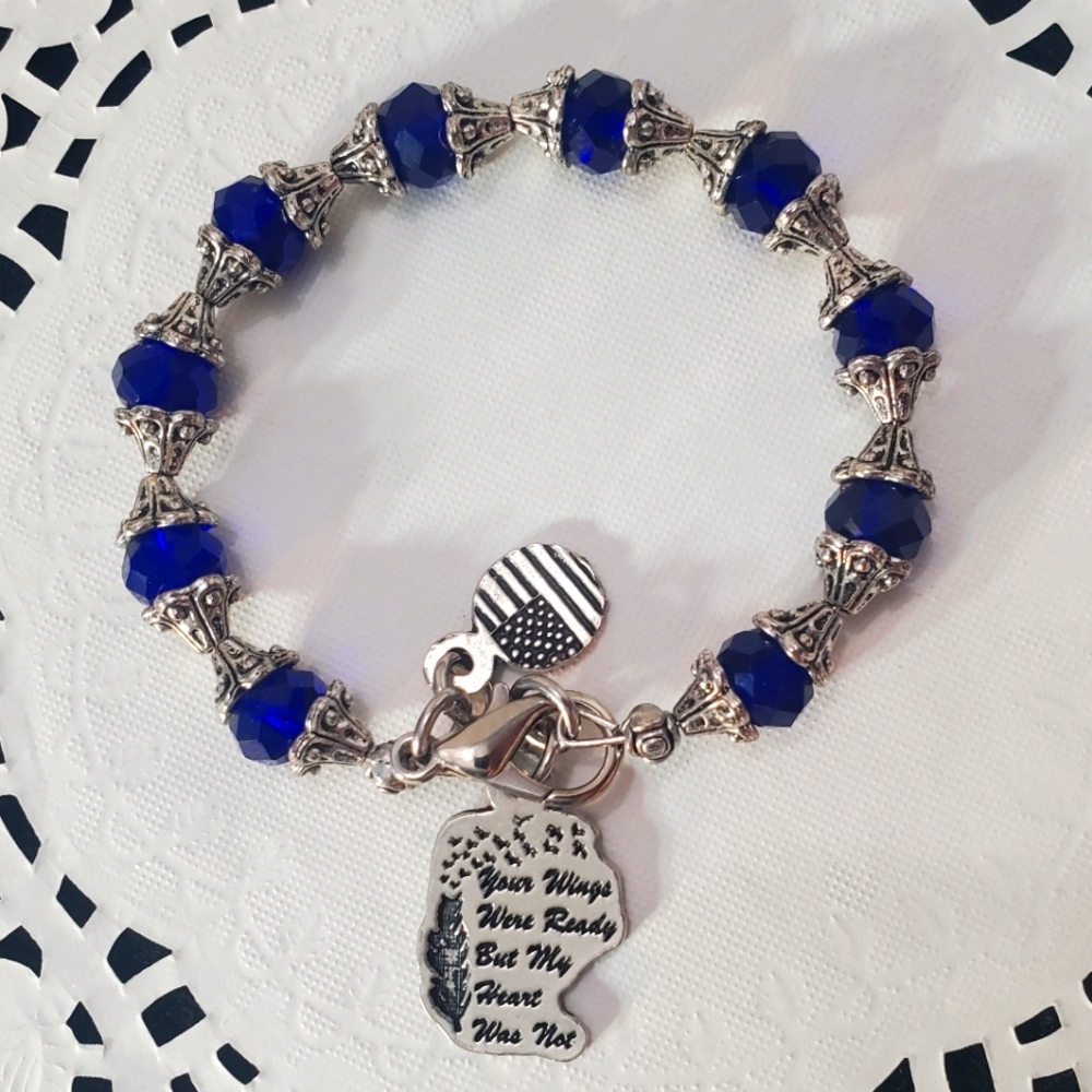Rememberance Bracelet Blue Silver Capped Beads w/Pewter Charms